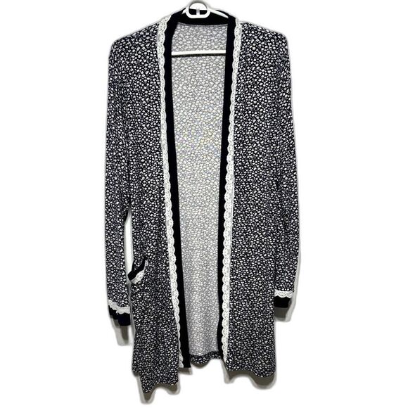 Kimono Robe Floral Lace Navy White Long Sleeve Cardigan Open Front Women sz S - Picture 1 of 7